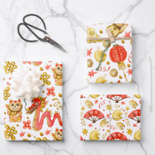 Drache & winkelnde Katze   Chinesisches Neujahr Geschenkpapier Set