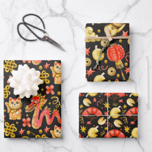 Drache & winkelnde Katze   Chinesisches Neujahr Geschenkpapier Set