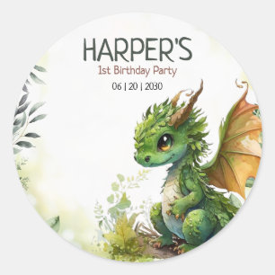 Drache zum 1. Geburtstag editierbar, Geburtstagsfe Runder Aufkleber
