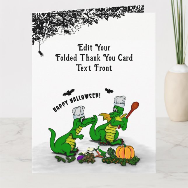 Drachen - Frohe Halloween! Heute werde ich kochen Dankeskarte (Vorderseite)