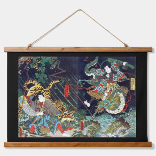 Drachen kämpft Tiger, Toyokuni, Ukiyo-e Wandteppich Mit Holzrahmen