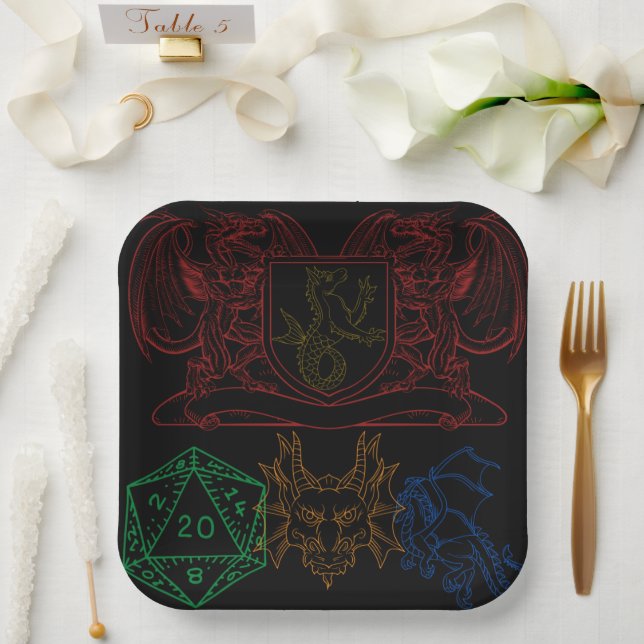Drachen mit Würfeln Pappteller (Hochzeit)