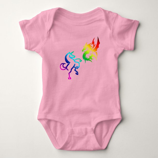 Drachen und Regenbogen Unicorns Baby Bodysuit Strampler (Vorderseite)