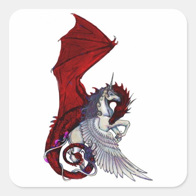 Drachendrache Krimson Fantasy Unicorn Pferd Quadratischer Aufkleber (Vorderseite)