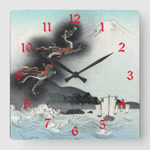 Drachenfurie-Seeschlacht um den Fuji, Japan Quadratische Wanduhr