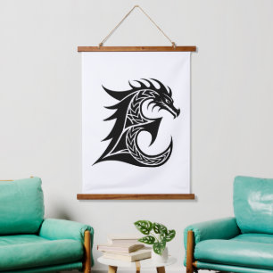 Drachengestalteter Buchstabe E, Drachenschrift, Mo Wandteppich Mit Holzrahmen