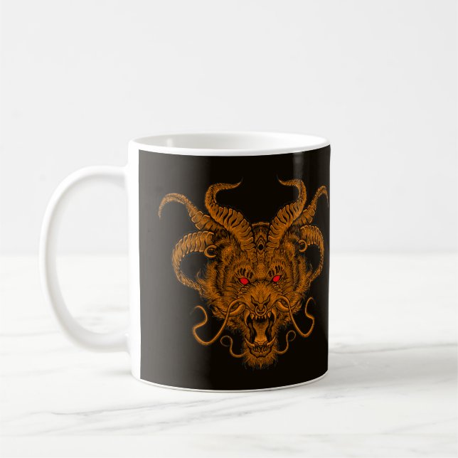 Drachenkopf-Illustration mit cooler Hand Kaffeetasse (Links)