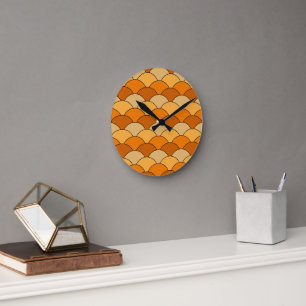 Drachenschuppen, Fächer, Wellen, Seigaiha, Orange Runde Wanduhr