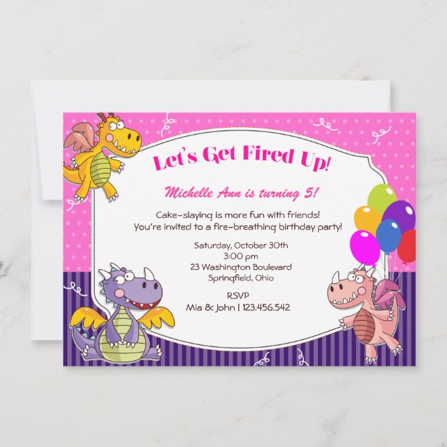 Drachenthema für Girls Geburtstag Einladung (Vorderseite)