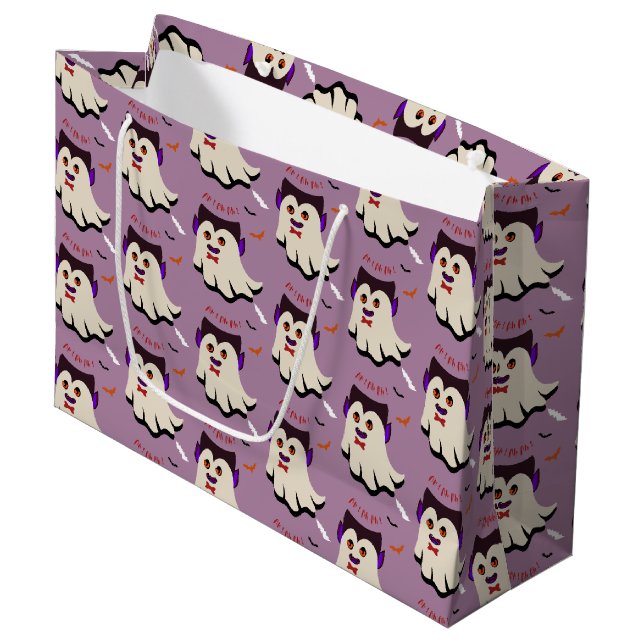 Dracula Boo Muster Lavender Große Geschenktasche Geschenktüte (Vorderseite Schrägansicht)