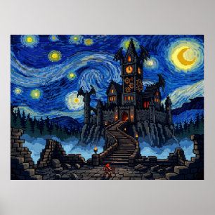 Draculas Schloss Castlevania Pixel Sternennacht Poster