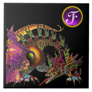 DRAGO, FANTASY DRAGON, LILA GEMSTONE-MONOGRAMM FLIESE
