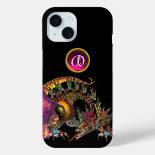 DRAGO, FANTASY DRAGON, PINK LILA GEMSTONE MONOGRAM iPhone 15 HÜLLE
