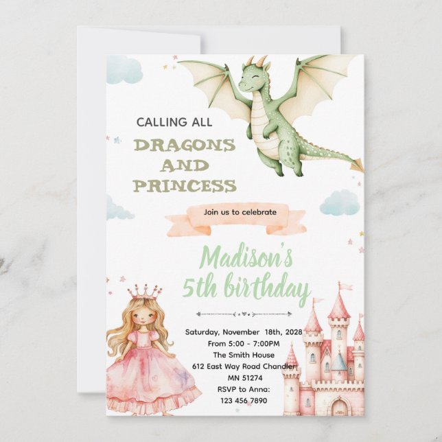 Dragon and princess Birthday Party Invitation Einladung (Vorderseite)