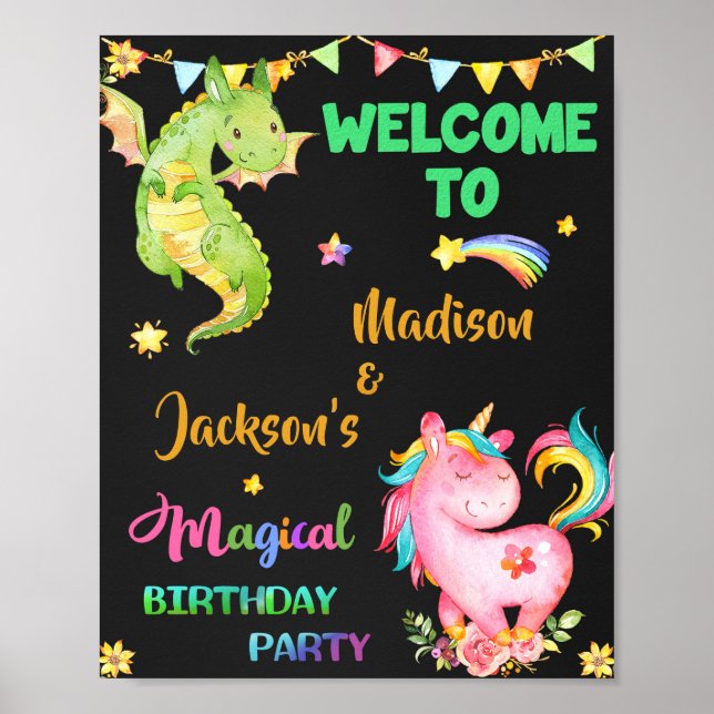 Dragon and Unicorn willkommen Party-Zeichen Magisc Poster (Vorne)
