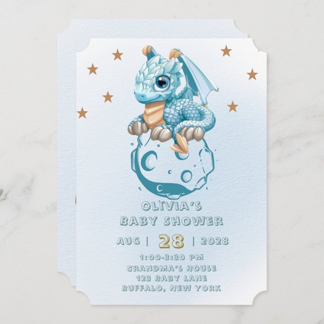 Dragon Aquamarine Astroid Boy Baby Dusche Einladung (Vorne/Hinten)