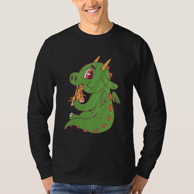Dragon Baby Eating Yummy Pizza Slice Design T-Shirt (Vorderseite)