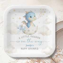 Dragon Baby Shower Boy Blue Cute Dragon Pappteller