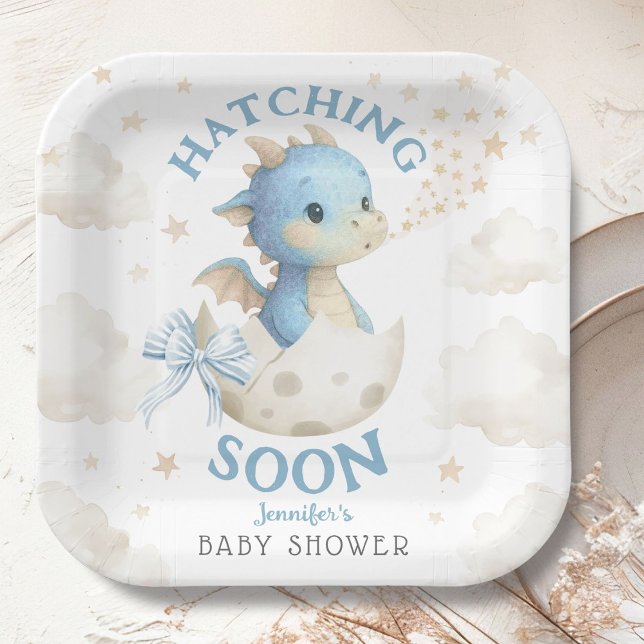 Dragon Baby Shower Boy Blue Hatching Soon Pappteller (Von Creator hochgeladen)