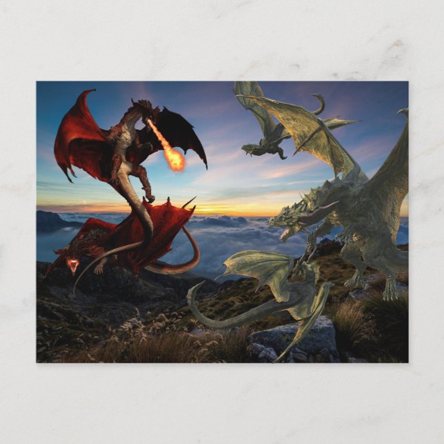 Dragon Battle Red Vs Green Fight Fantasy Postkarte (Vorderseite)