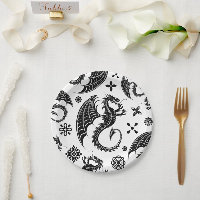 Dragon Black Shape Tattoo Style Pappteller (Hochzeit)