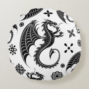 Dragon Black Shape Tattoo Style Rundes Kissen