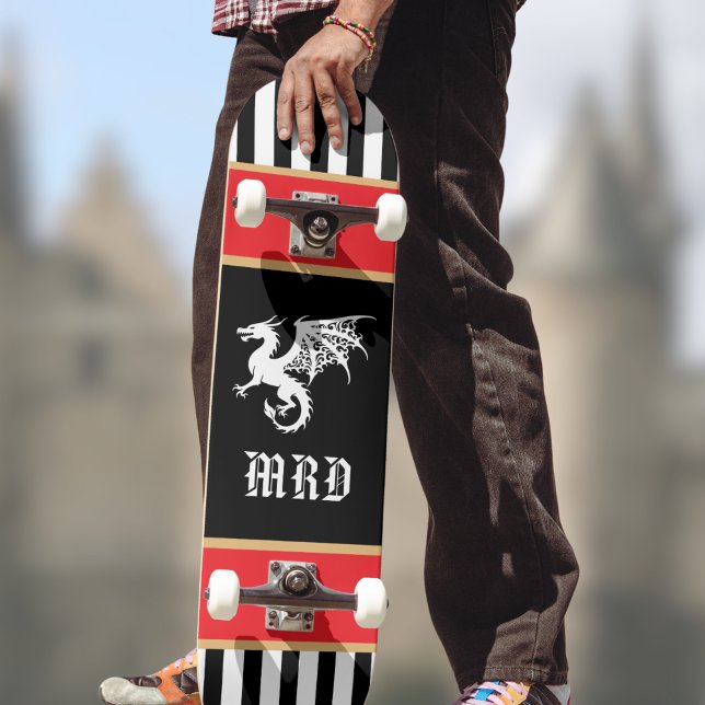 Dragon Black White Striped Monogram w Red Gold  Skateboard (Von Creator hochgeladen)