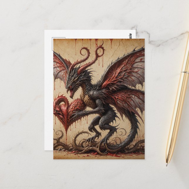 Dragon Bleeding Herz Dunkle Fantasie Postkarte (Vorderseite/Rückseite Beispiel)