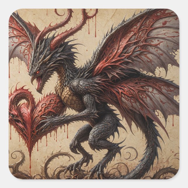 Dragon Bleeding Herz Dunkle Fantasie Quadratischer Aufkleber (Vorderseite)