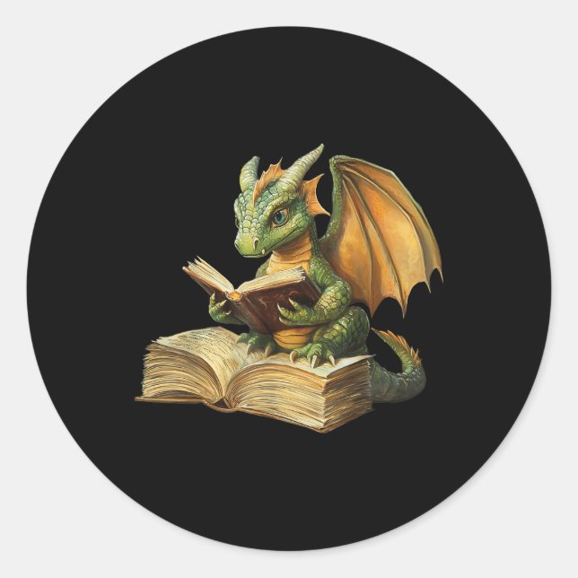 Dragon Bookworm Reading Book Funny Graphic Runder Aufkleber (Vorderseite)
