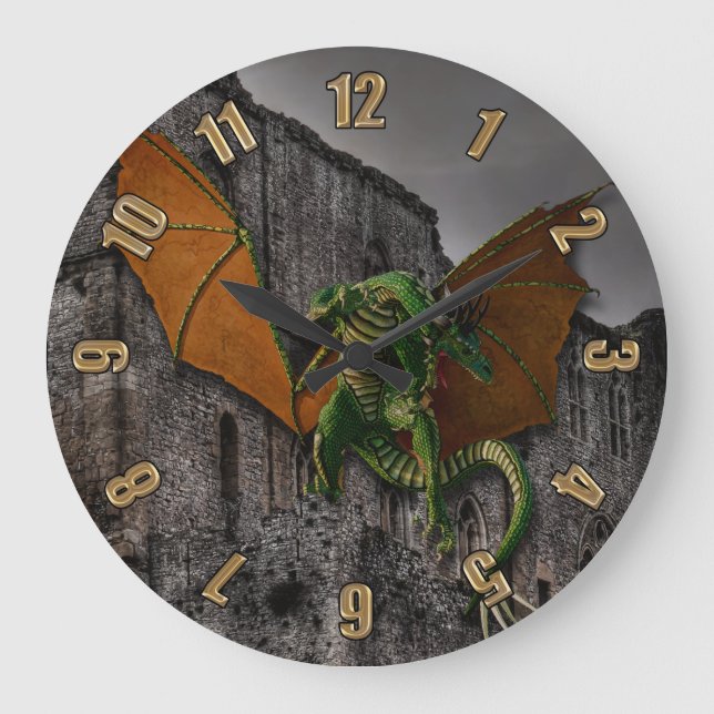 Dragon & Castle Fantasy Kunstwerk Große Wanduhr (Vorderseite)
