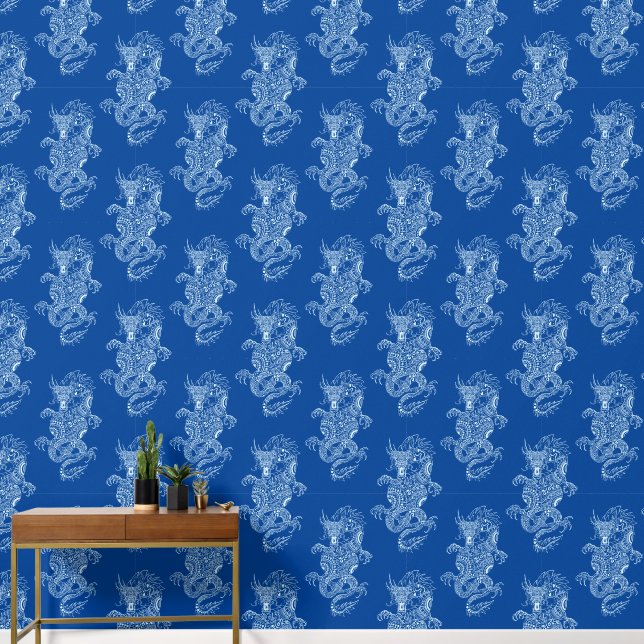 Dragon Chinese Style Navy Blue Tapete (Hausflur)