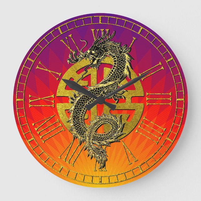 Dragon Chinese Symbol Prosperity Sunset Gradient Große Wanduhr (Vorderseite)