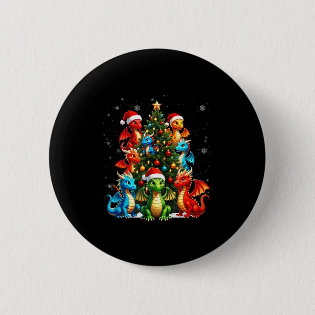 Dragon Christmas Tree Squad Santa Hat Fantasy Myth Button (Vorderseite)