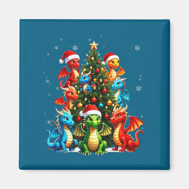 Dragon Christmas Tree Squad Santa Hat Fantasy Myth Magnet (Vorne)