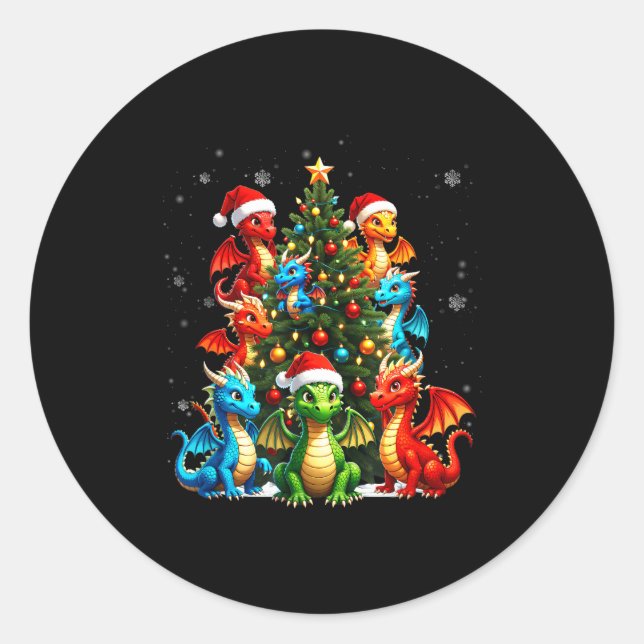 Dragon Christmas Tree Squad Santa Hat Fantasy Myth Runder Aufkleber (Vorderseite)