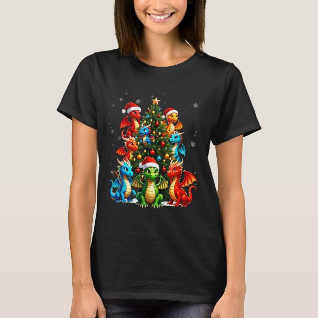 Dragon Christmas Tree Squad Santa Hat Fantasy Myth T-Shirt (Vorderseite)