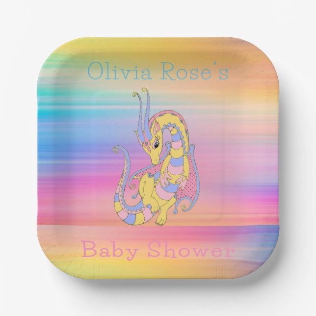 Dragon Colorful Gold Glitzer Baby Dusche Pappteller (Vorderseite)