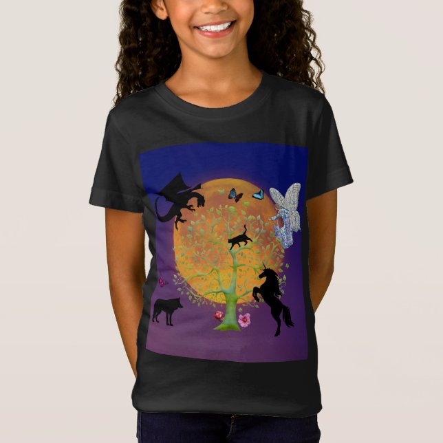 Dragon Fairy Unicorn Magische Fantasie Tree & Moon T-Shirt (Vorderseite)