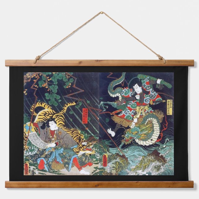 Dragon Fights Tiger, Toyokuni, Ukiyo-e Wandteppich Mit Holzrahmen (Vorne)