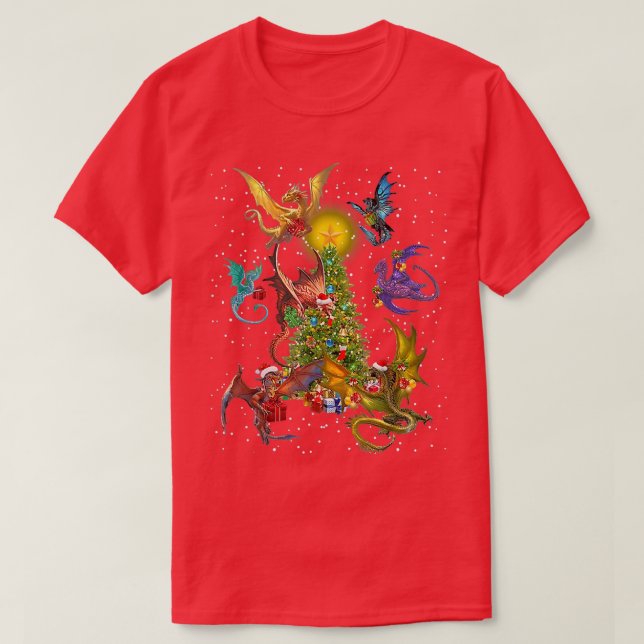 Dragon Fly Around Christmas Tree Dragons Xmas Lieb T-Shirt (Design vorne)