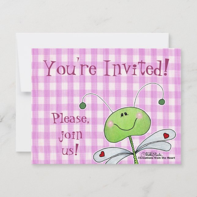 Dragon Fly on Pink Gingham Einladung (Vorderseite)