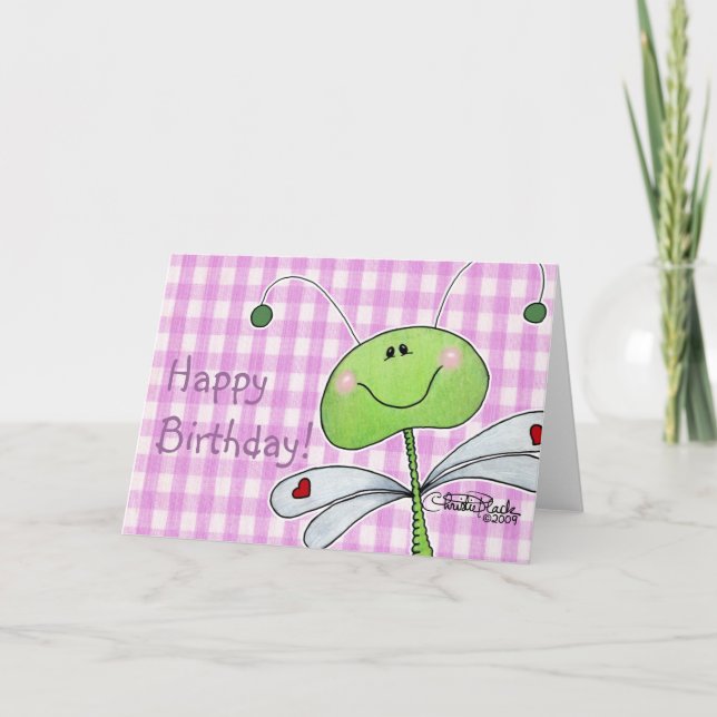 Dragon Fly on Pink Gingham Karte (Vorderseite)
