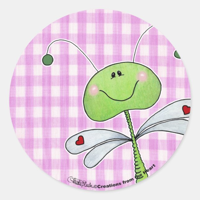 Dragon Fly on Pink Gingham Runder Aufkleber (Vorderseite)