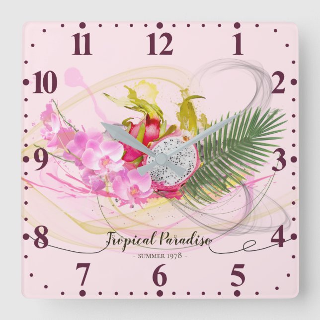 Dragon Frucht und Rosa Orchid Tropische Kalligrafi Quadratische Wanduhr (Vorderseite)