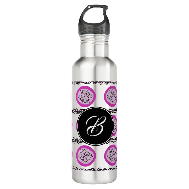 Dragon Fruit Lila Doodles Monogram Edelstahlflasche (Vorderseite)