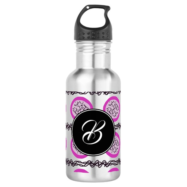 Dragon Fruit Lila Doodles Monogram Edelstahlflasche (Vorderseite)