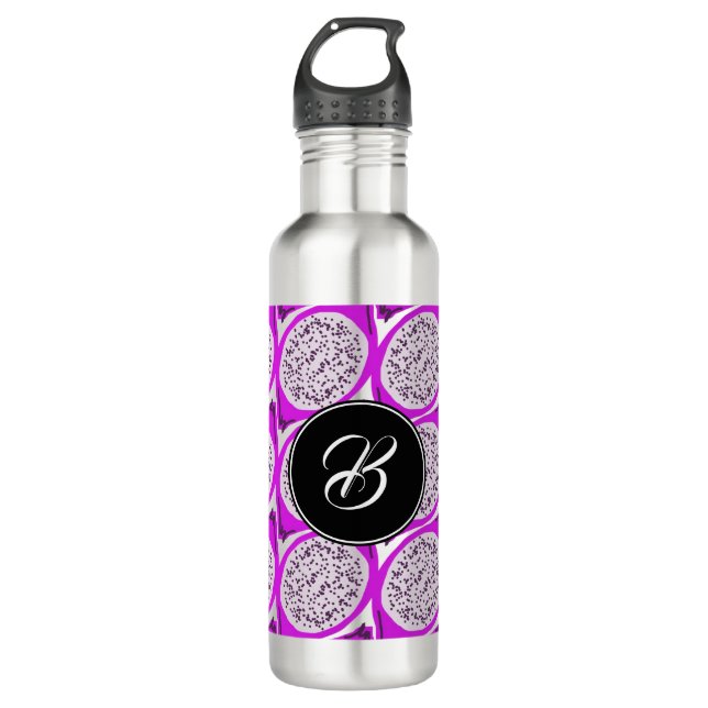 Dragon Fruit Lila Doodles Monogram Edelstahlflasche (Vorderseite)