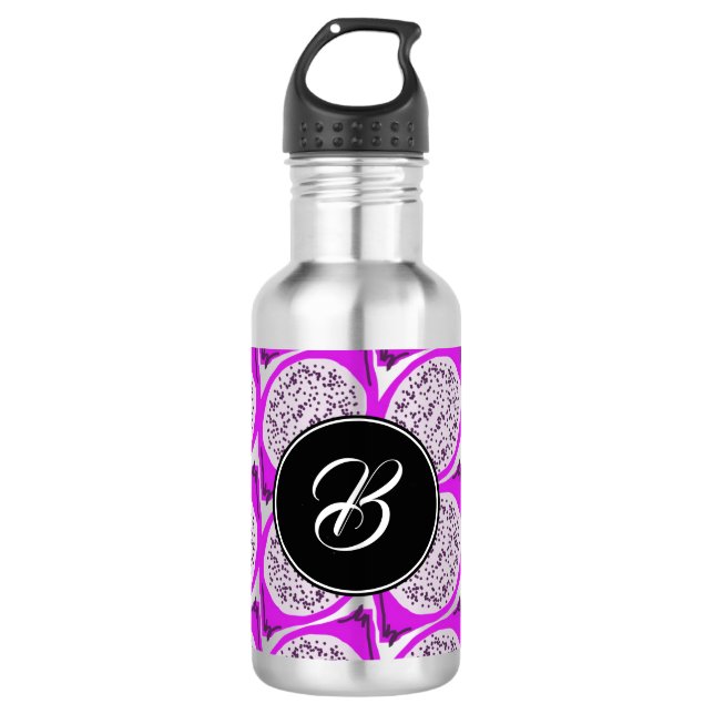 Dragon Fruit Lila Doodles Monogram Edelstahlflasche (Vorderseite)