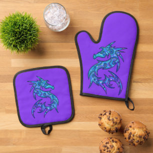 Dragon gefüllt mit Dots Muster 1a Ofenhandschuh & Topflappen-Set